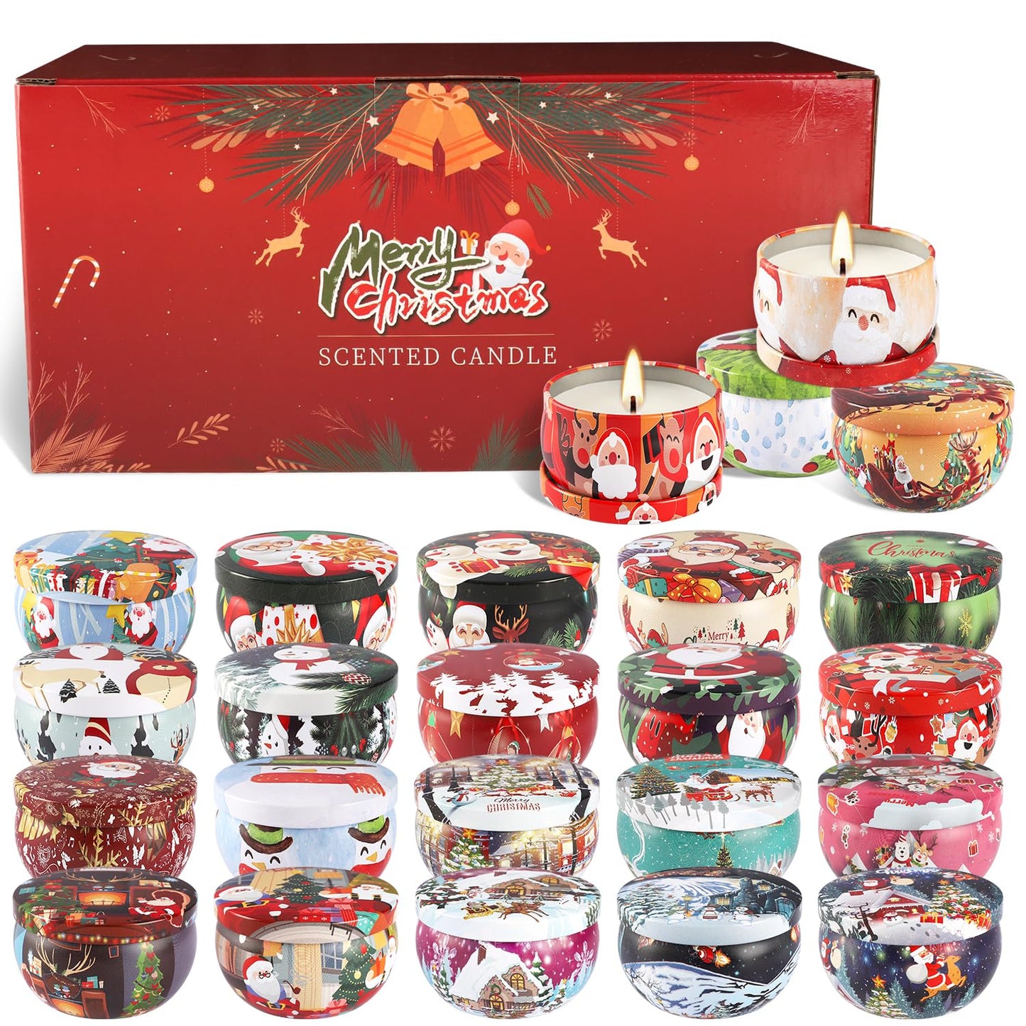 24Pack Christmas Scented Candle Tins Gift Set - Soy Wax Festive Aromatherapy Candles 2.5oz- Smokeless Long Lasting Burn time for Advent & Christmas Gifts Holiday Decor & Gifting.
