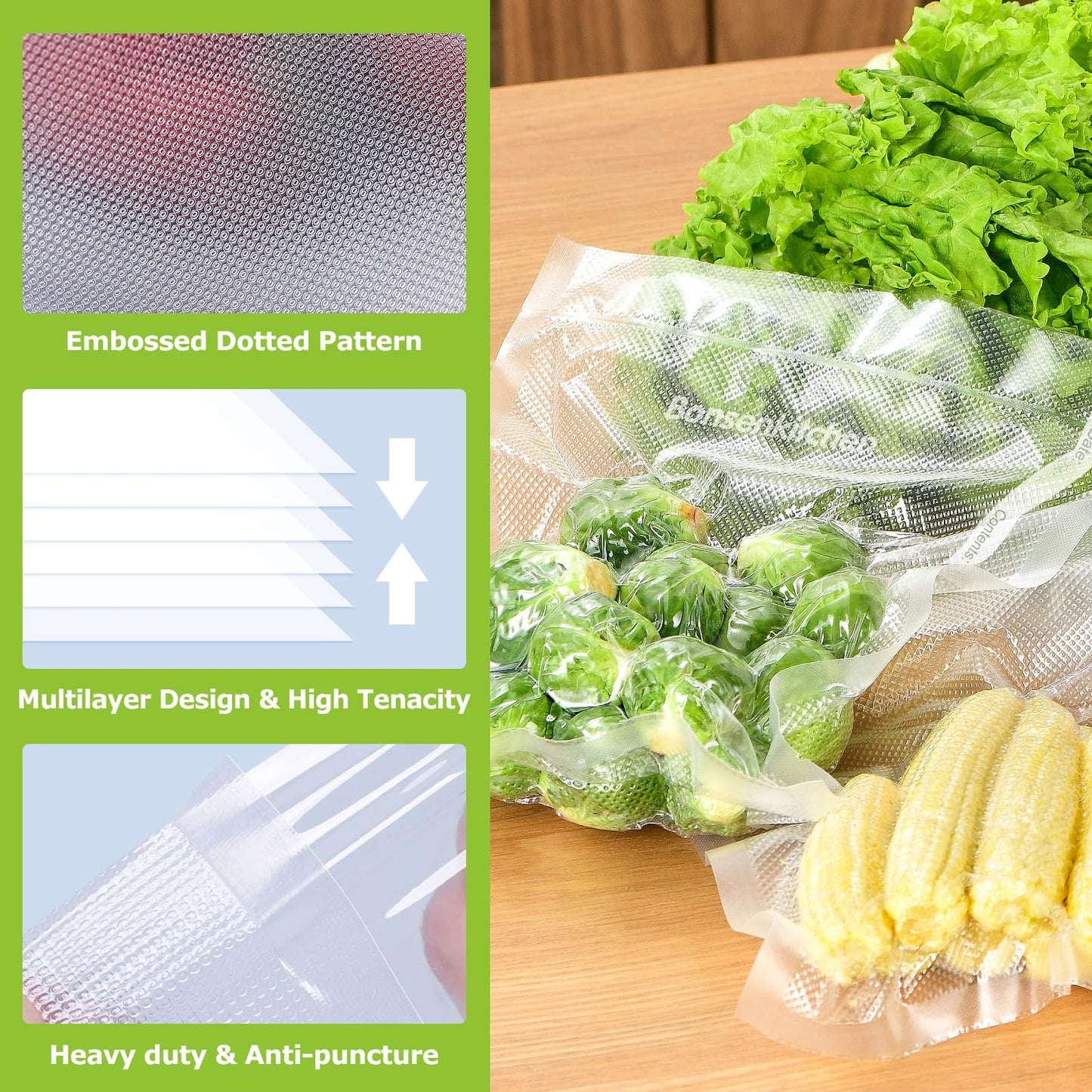 Bonsenkitchen Vacuum Sealer Rolls Bags, 6 Pack 3 Rolls 11" x 20' + 3 Rolls 8" x 20' Commercial Grade BPA Free Bag Rolls, Durable Customized Size Food Vac Bags for Storage and Sous Vide Cooking VB3211