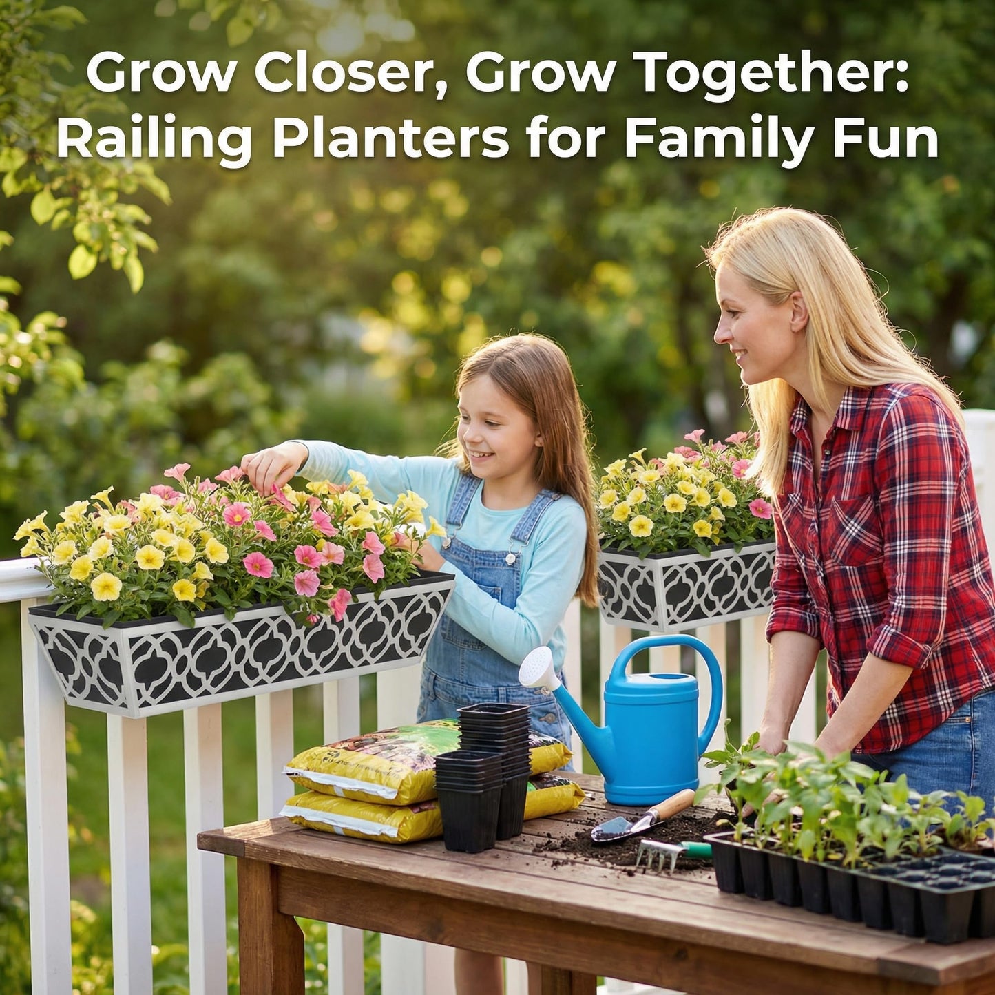 LAWYAMAI 4 Pack 30 Inch Railing Planter Boxes with Adjustable Brackets & Non-Woven Liner, Deck Window Hanging Flower Box for Balcony, Fence, Patio, Outdoor Garden, Gray