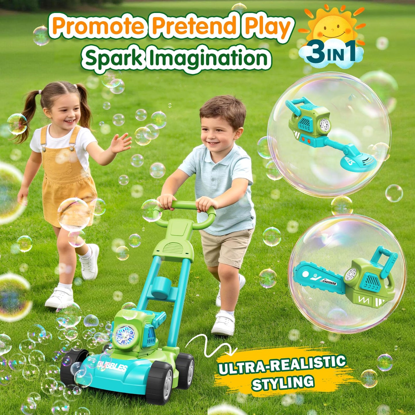Bubble Lawn Mower for Kids, 3-in-1 Bubble Machine Blower with 10 Bubble Solution, Outdoor Push Toys for Toddlers Ages 3-8, Birthday Easter Summer Gift for Boys Girls 3 4 5 6 7 8 Year Old