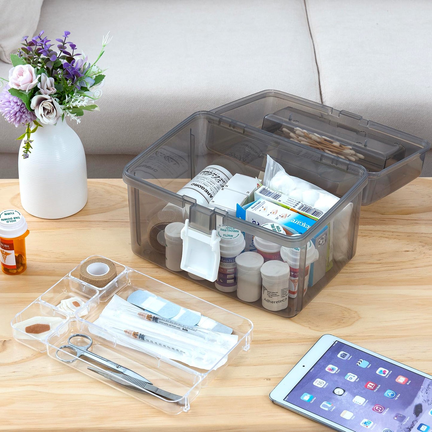 MyGift 10 Inch First Aid Transparent Gray Bin with Clear Removable Tray, Quick Access Lid Flap and Carrying Handle, Portable Emergency Kit, Medical Supply Travel Tote, Medicine Storage Box Container