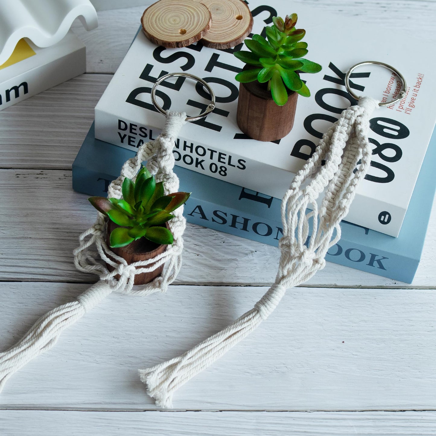 GAGILAND 2 Pack Car Mirror Hanging Accessories Mini Macrame Crochet Plant Car Air Freshener with Wooden Essential Oil Diffusers Reusable Cute Boho Plant for Rear View Mirror Home Office Decor