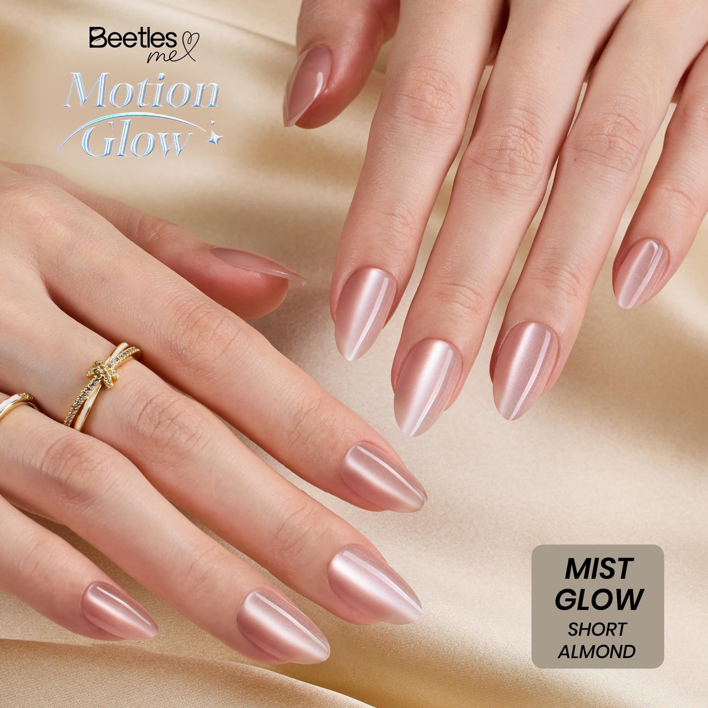 Beetles Motion Glow Cat Eye Press On, Short Almond Press On Nails Kit, 32pcs 16 Sizes, Girls Stick On Nails with Adhesive Tabs & Fast-Dry Nail Glue, Salon-Ready Gift for Women Mist Glow