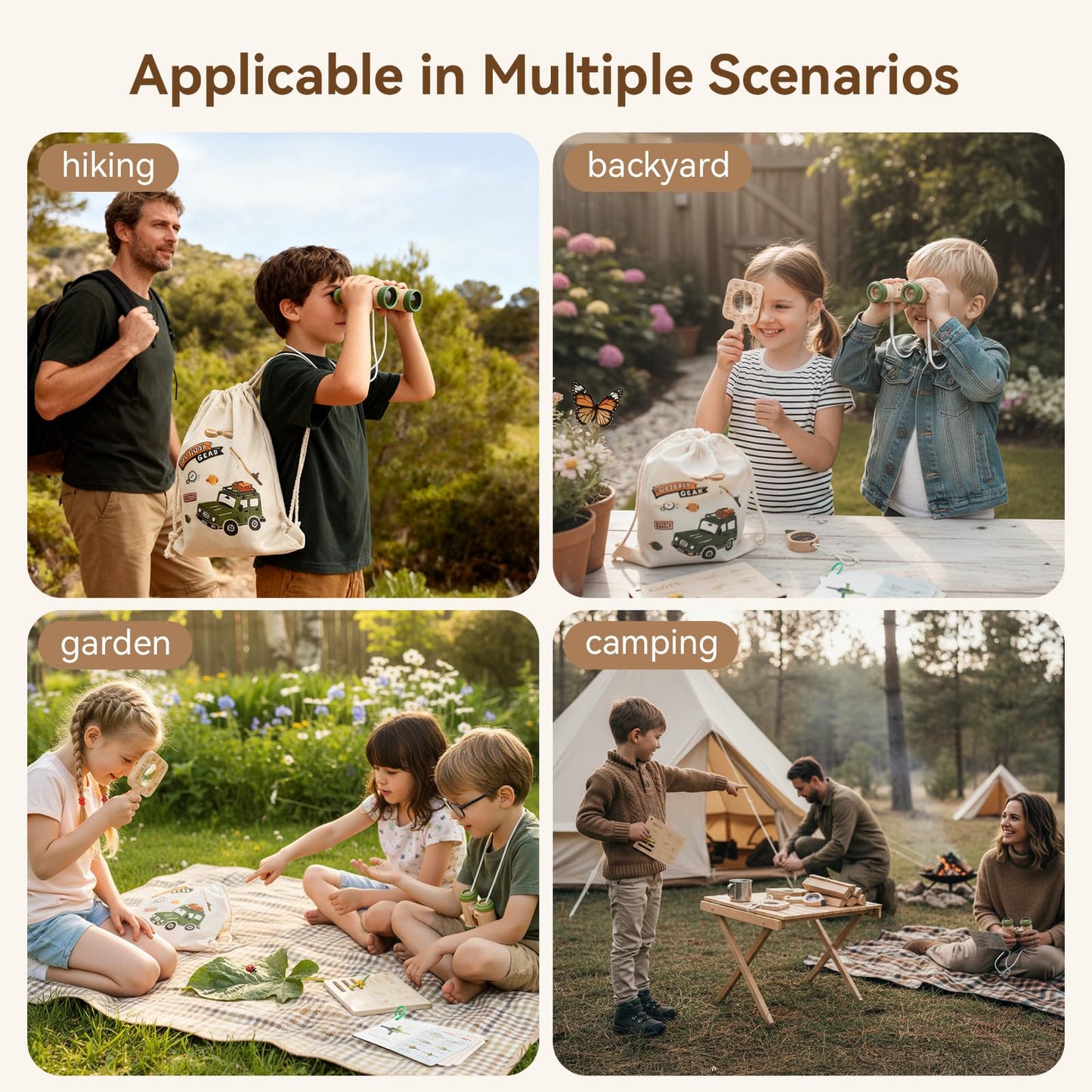Kids Outdoor Explorer Kit Ages 4–8, Wooden Binoculars, Compass and Knot-Tying Board, Nature STEM Learning & Camping Toy Birthday Gift for Boys and Girls