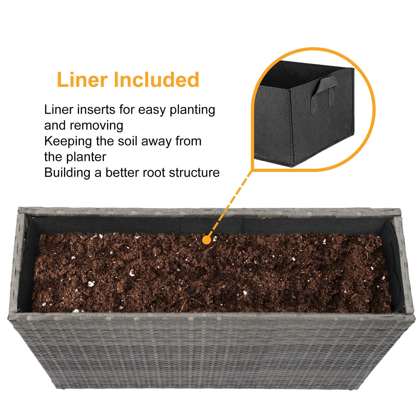 SUNNYPARK Gray Rectangular Planter Box All-Weather PE Rattan Large Modern Planters with Removable Liner Indoor Outdoor Decorative Flower Pot for Patio, Balcony, Garden