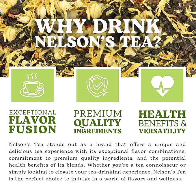 Nelson's Tea Apricot Peach Cobbler Tea Loose Leaf Blend - Jasmine Green Tea, Black Teas, Oolong, Safflower & Marigold Petals - Apricot Peach, Black Jasmine Teas (Sample 0.3 Oz)