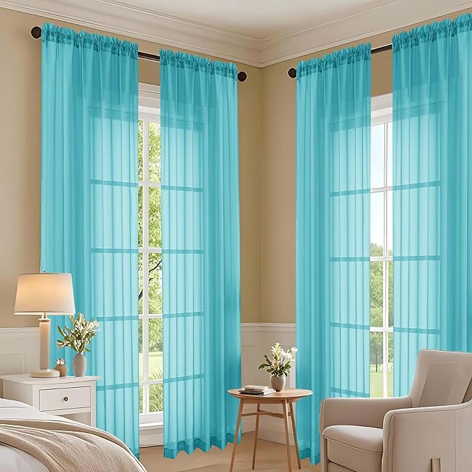 OVZME Turquoise Sheer Curtains 84 Inches Long 2 Panels Set, Light Filtering Sheer Curtains for Living Room Bedroom 59 Inch Extra Wide, Modern Voile Filmy Rod Pocket Window Drapes, 59Wx84L Inches
