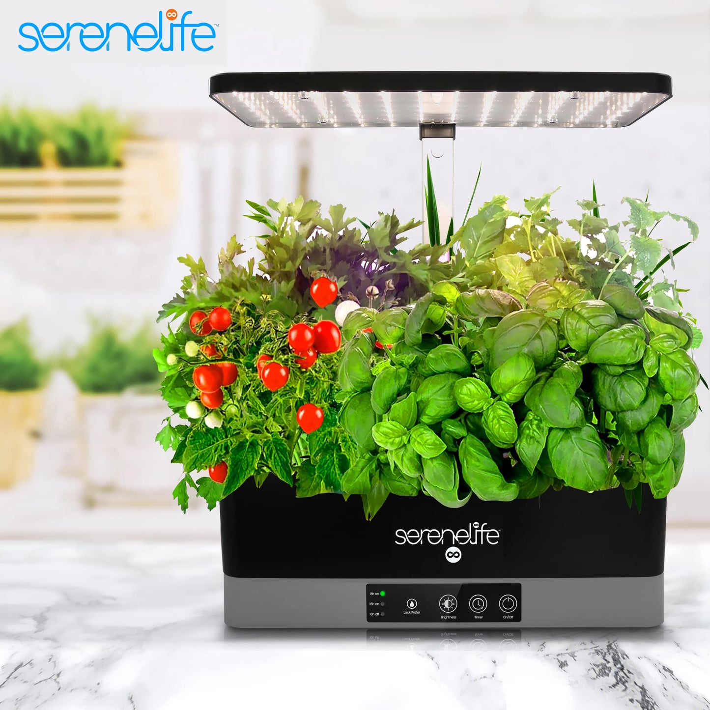 SereneLife Hydroponic Herb Garden - 6 Pod Indoor Kit, Full-Spectrum Grow Light, Adjustable Height, Smart Plant System, Black
