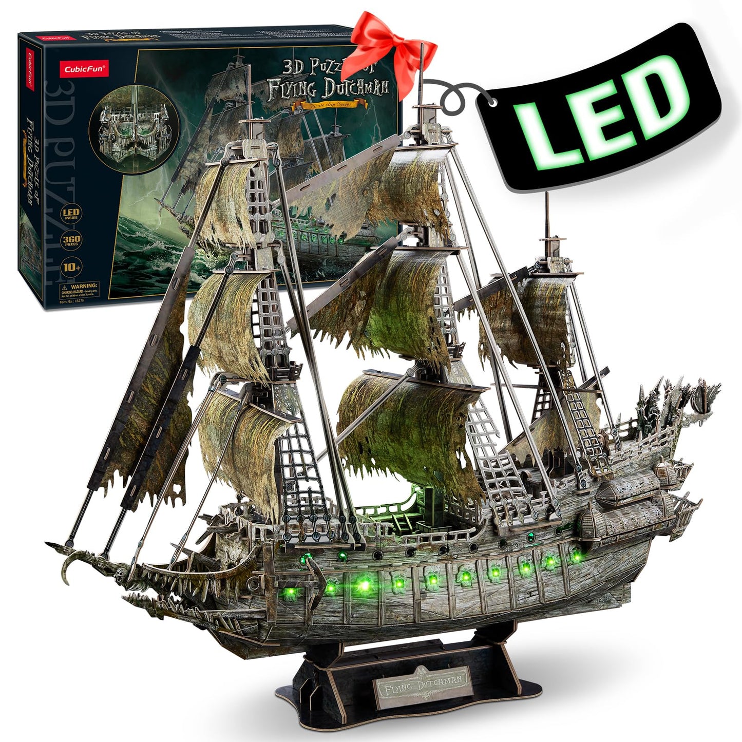 CubicFun 3D Puzzles for Adults Green LED Flying Dutchman, 360 Pieces Pirate Ship Arts & Crafts for Adults Gifts for Men Women Model Kit, Lighting Ghost Ship Easter Gift for Him