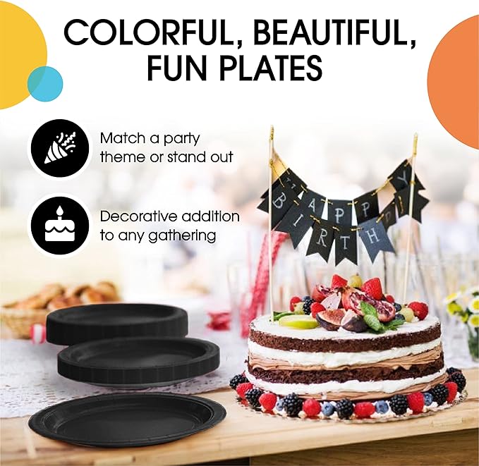 Exquisite Party Solids Black Paper Plates Disposable Heavy Duty 9 Inch Black Disposable Plates For Party 100 Pcs Heavy Duty 350 GSM, Birthday Supplies
