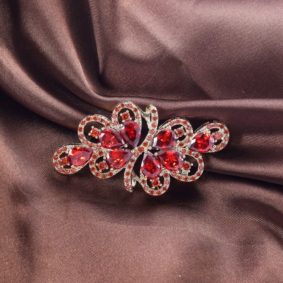 YOQUCOL Vintage Red Zircon Crystal Rhinestone Bowknot Shape Brooch Pin For Women Golden Tone