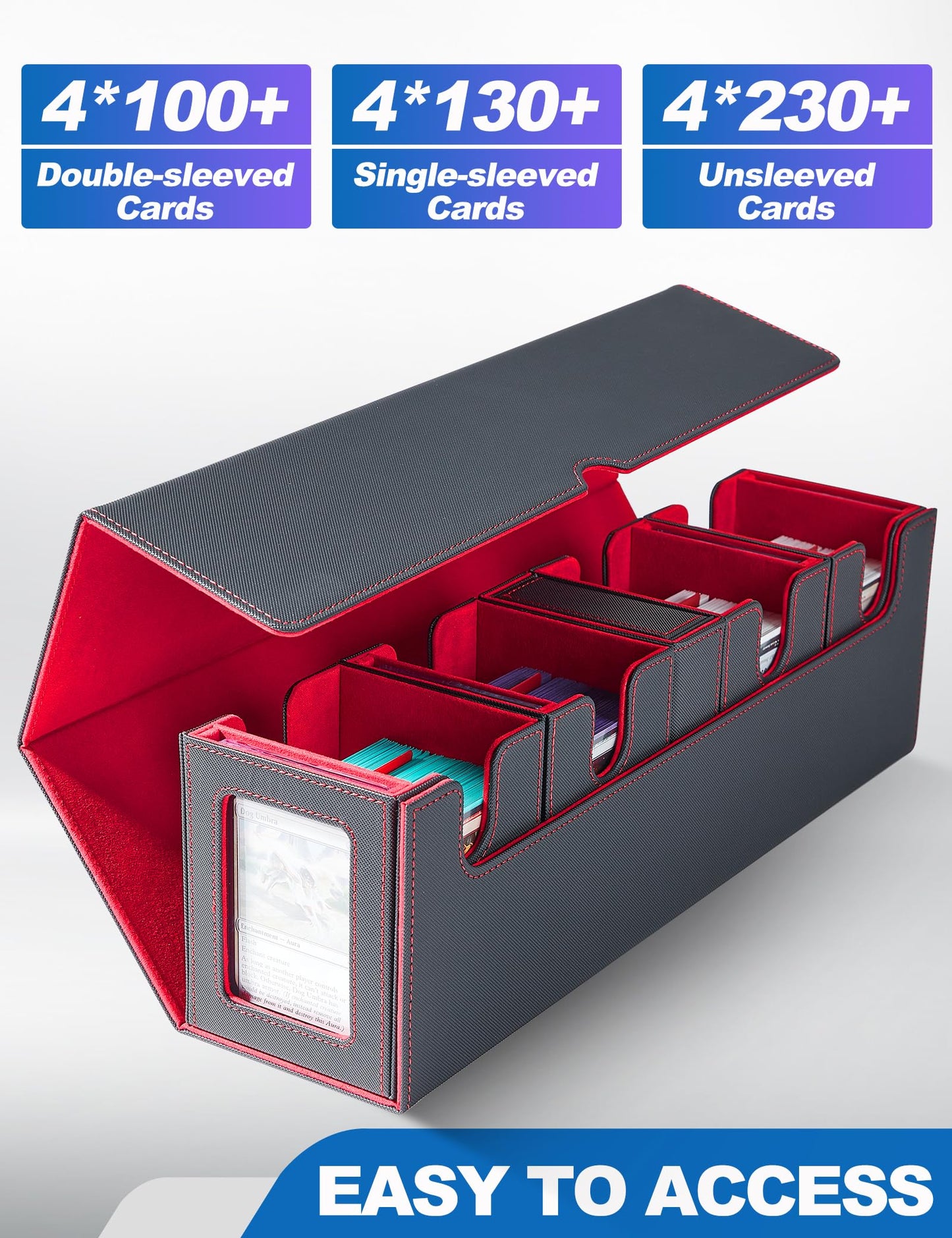 UAONO Card Deck Box for MTG with Commander Display, 5 in 1 Card Deck Case Holds 800+ Unsleeved Cards, Strong Magnet Organizer Compatible with Yugioh TCG Sports Cards (Black&Red)
