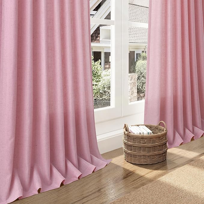 Rose Linen 96 Inch Long Curtains Panels 2 Panel Set with Back Tab Rod Pocket Semi Sheer Light Filtering Boho Aesthetic Style Room Decor Burlap Look Curtain for Bedroom and Living Room 52x96 Inch