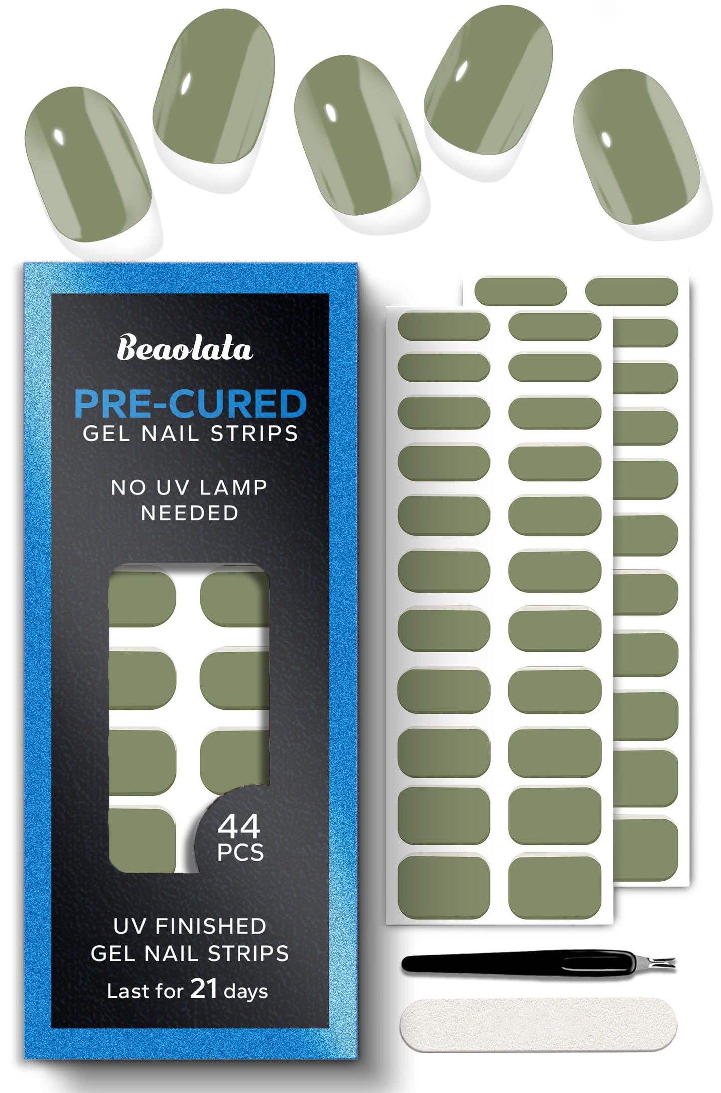 Beaolata Real Gel Nail Strips (No UV Light Needed) - 44Pcs Salon Quality Nail Stickers - Long Lasting Polish Wraps for Women, Easy Apply & Remove (Matcha Glaze Green)