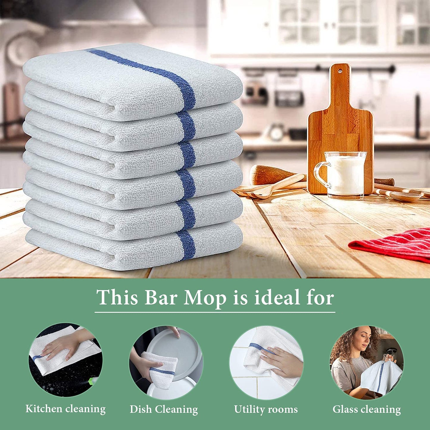 TOALLA Bar Mop Blue Stripe 10lbs 16x19 Pack of 60 100% Cotton Double Stitched Route Ready Absorbent Kitchen Towel Dish Towels and Dishcloths Towels Sets Washcloth Kitchen Towels
