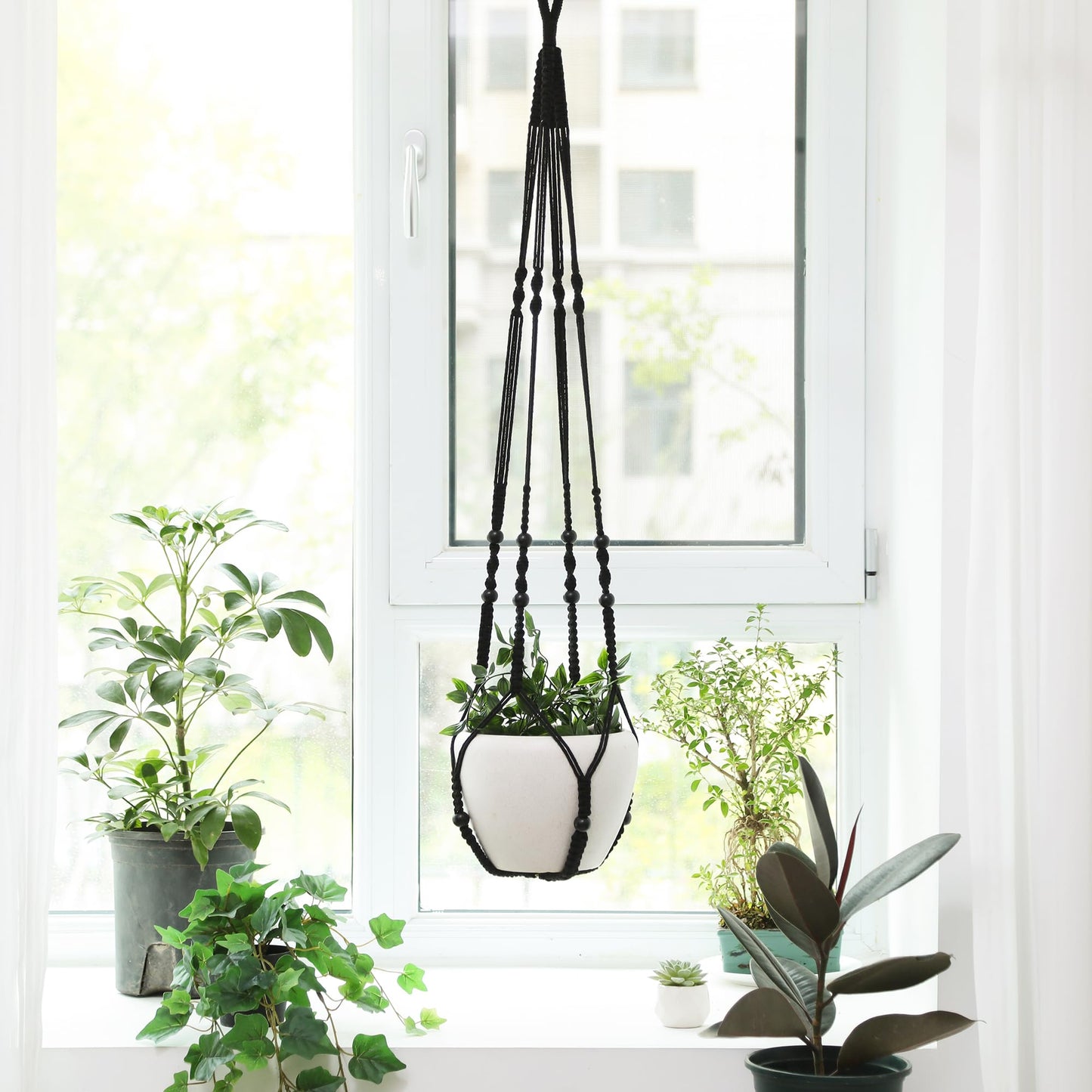 WXS-CHALL 43 Inch Macrame Plant Hanger Indoor, Large Size No Tasselss Crochet Cotton Rope Hanging Planter Basket, Decorative Flower Pot Holder for Boho Home Decor (with 2 Hooks)
