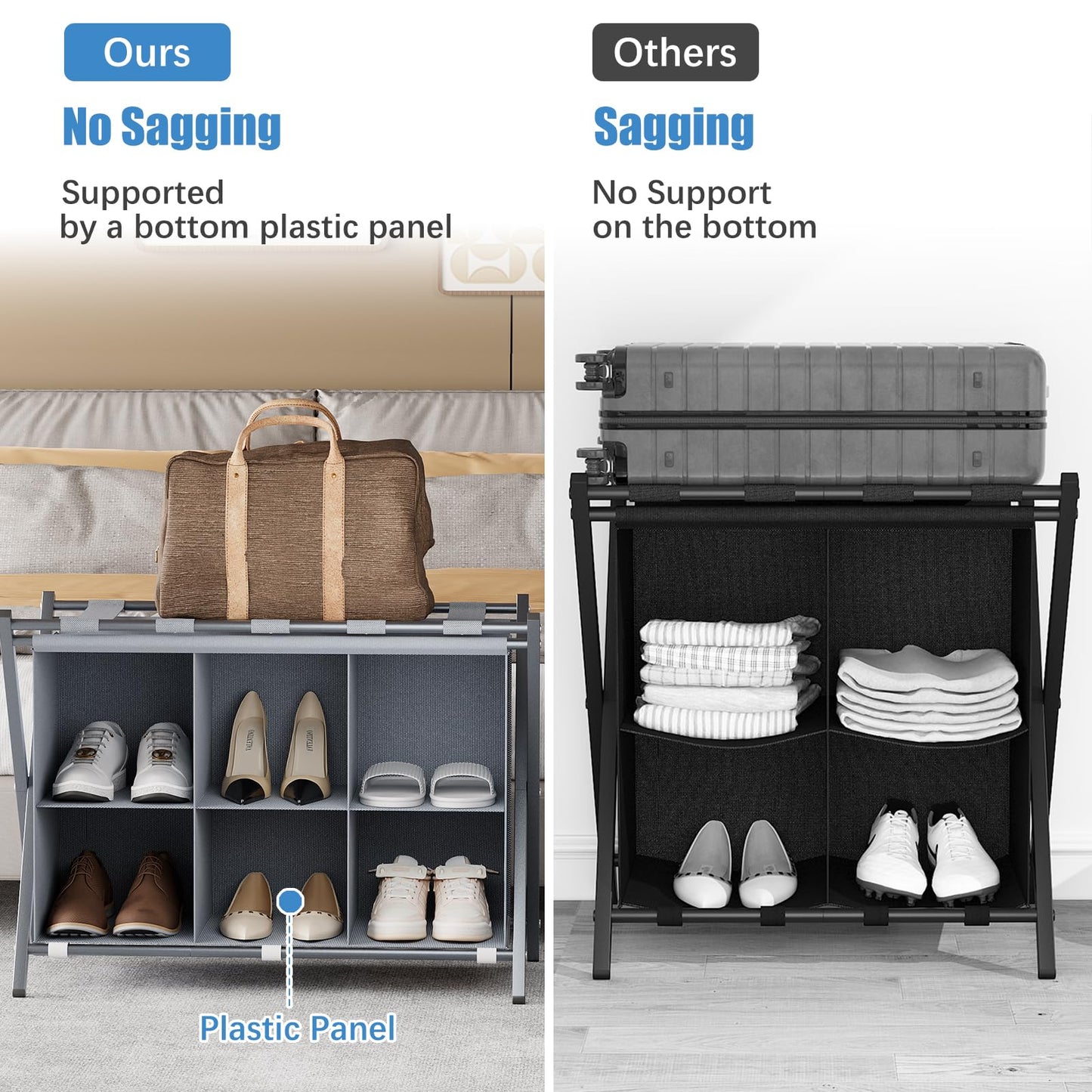 Huhote Luggage Rack for Guest Room, Folding Suitcase Stand with 6-Cube Fabric Storage Shelf, Luggage Holder, Steel Foldable Luggage Stand for Guest Room, Bedroom, Hotel, Grey
