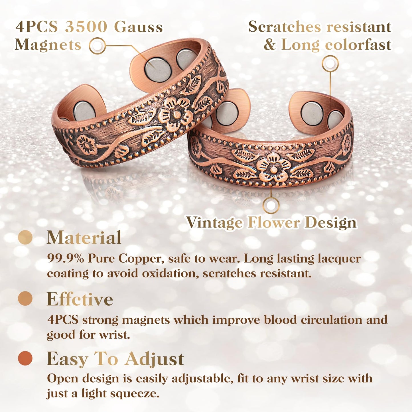 Mahnco Magnetic Copper Rings for Women Magnetic Rings 3500 Gauss Magnetic Lymph Detox Magnetic Ring-100% Solid Pure Copper Jewelry Gift (2PCS)