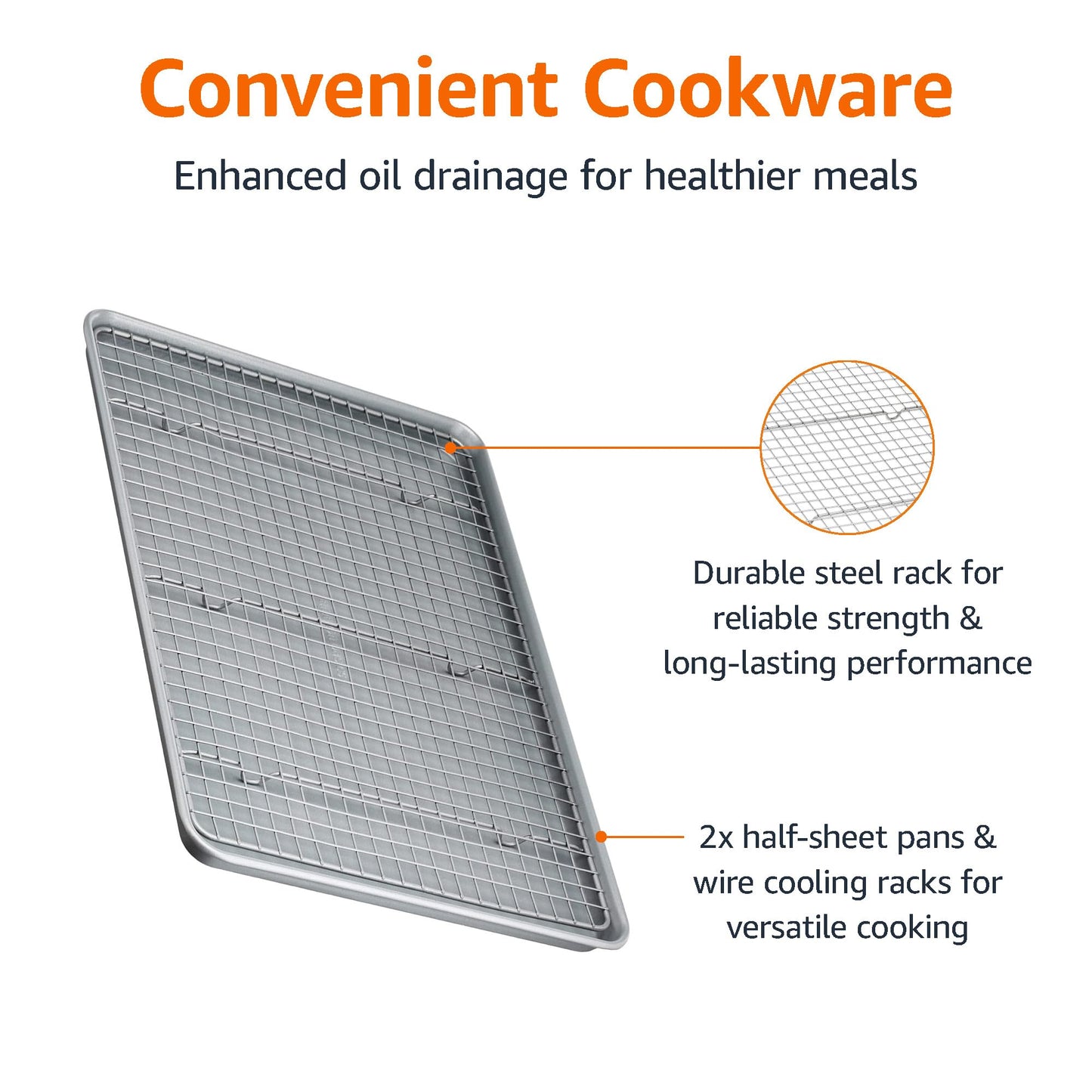 Amazon Basics Ceramic Nonstick Baking Sheets & Cooling Rack Set, Dishwasher Safe, Oven Safe, Half Sheet Size, Gray, 2-Pack