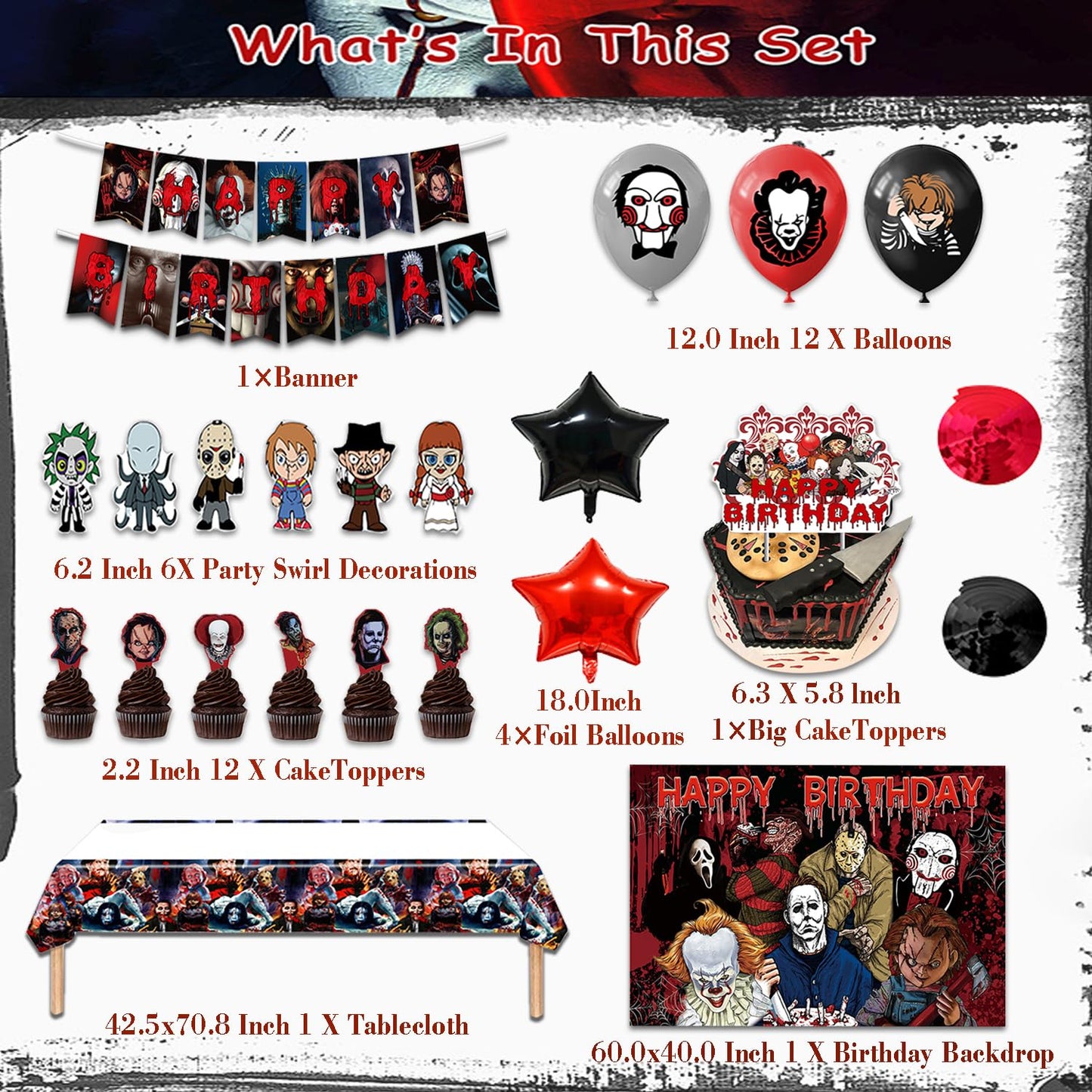 Mtgluk Horror Birthday Party Decorations Kit – 38 Pcs Halloween Themed Supplies with Banner, Backdrop, Tablecloth, Balloons & Cake Toppers for Spooky Celebrations