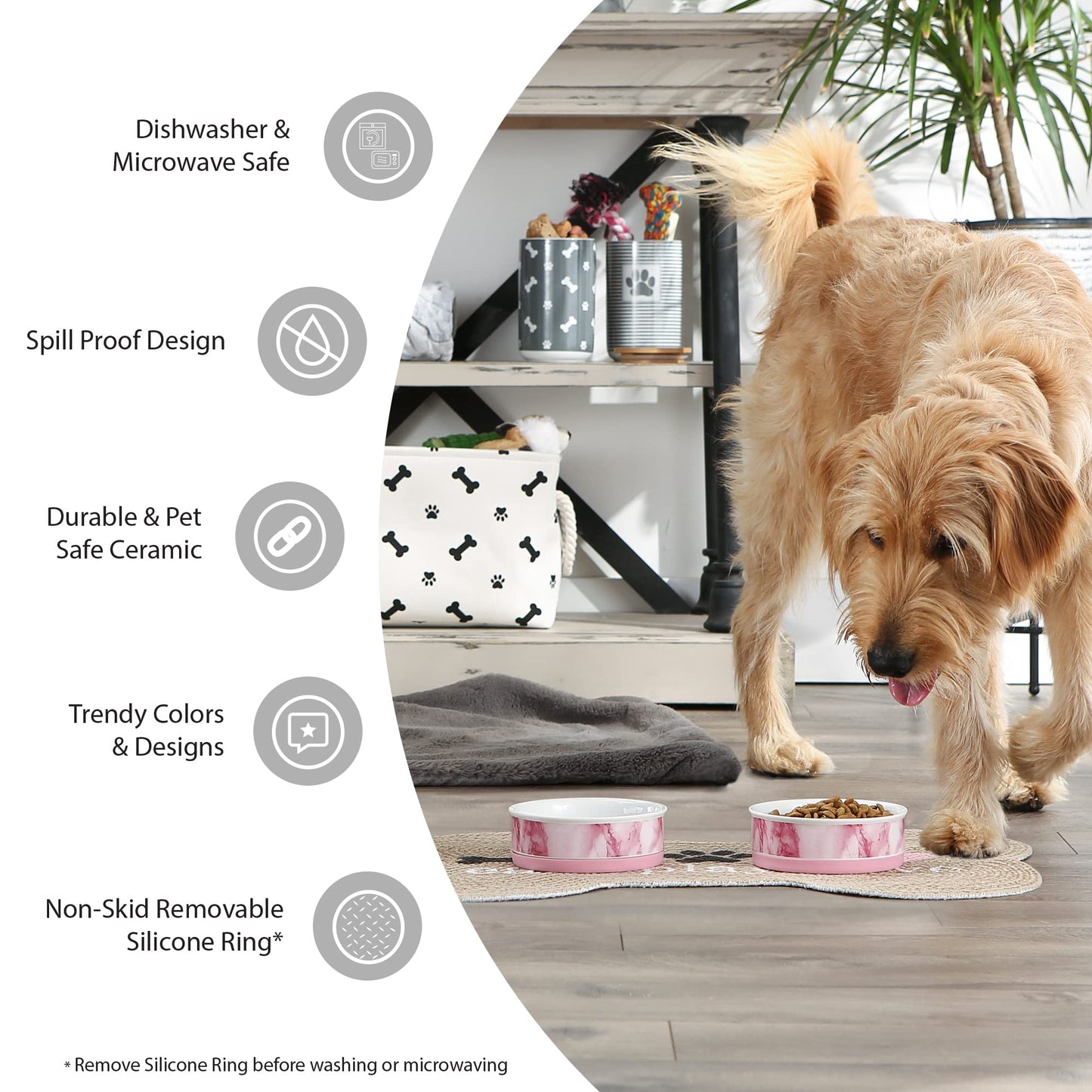 Bone Dry Dog Bone Ceramic Pet Bowl & Canister, Small, 4.25x2, Gray, 2 Count