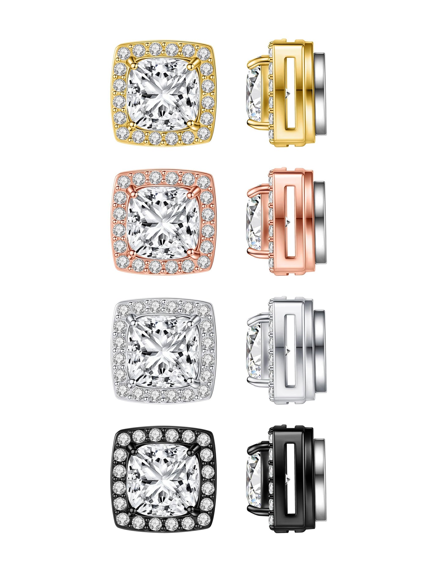 4 Pairs Stud Earrings Set Princess & Round Cubic Zirconia Earrings Hypoallergenic 316L Surgical Stainless Steel CZ Earrings for Women Men (Square)