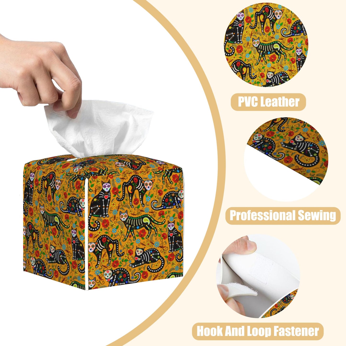 BLYKVGHQ Day of The Dead Square Tissue Box Cover Sugar Skull Black Cats Tissue Box Holder Facial Cube Paper Dispenser Leather Decorative Organizer Home Office Desk Decor, 5.2"x5.2"x5.2"