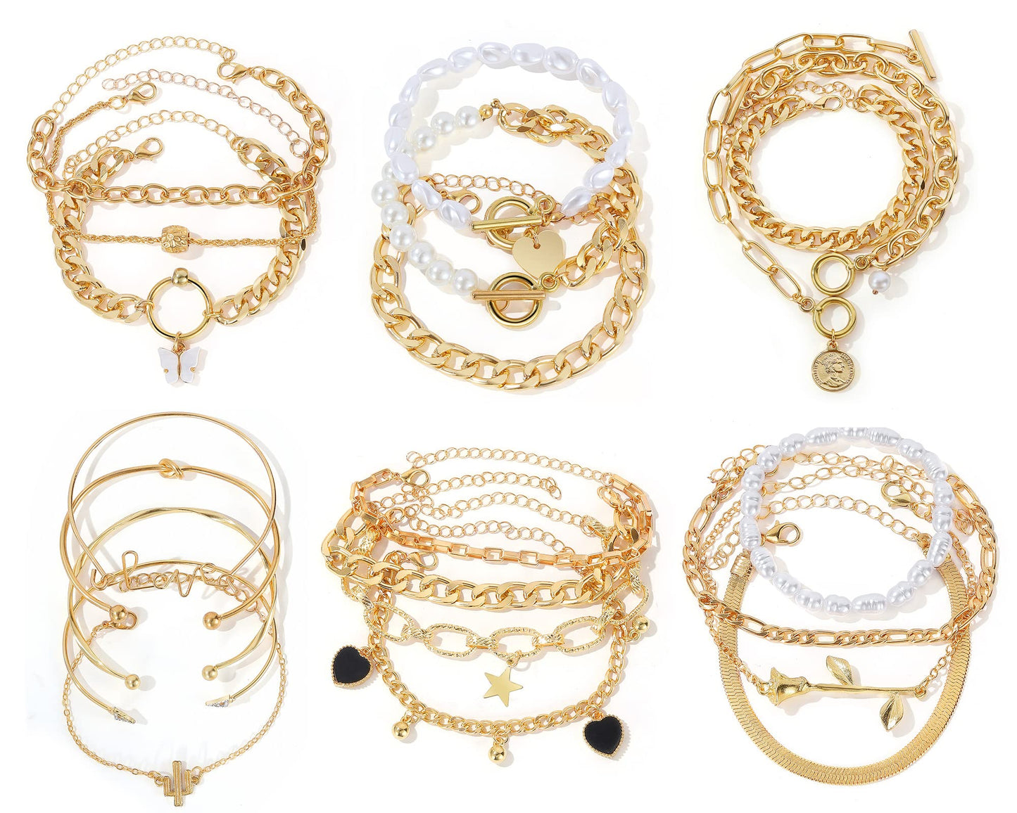 IFKM 6 PACK (22 PCS) Gold Chain Bracelets Set for Women, 14K Gold Plated Multiple Layered Stackable Open Cuff Wrap Bangle Bracelet Adjustable Link Italian Cuban Jewelry for Women Gift
