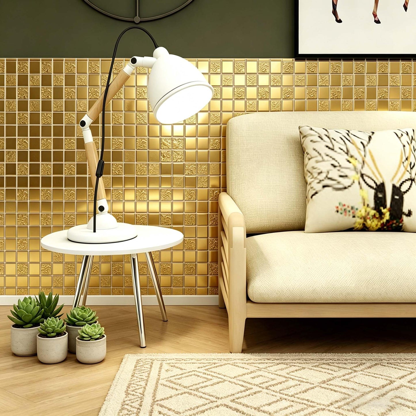 Hominter Gold Mosaic Tile for Kitchen Backsplash, Glossy Textured Ceramic Wall Tiles, Waterproof Bathroom Shower and Fireplace Accent Wall Decor, 5 Square Feet