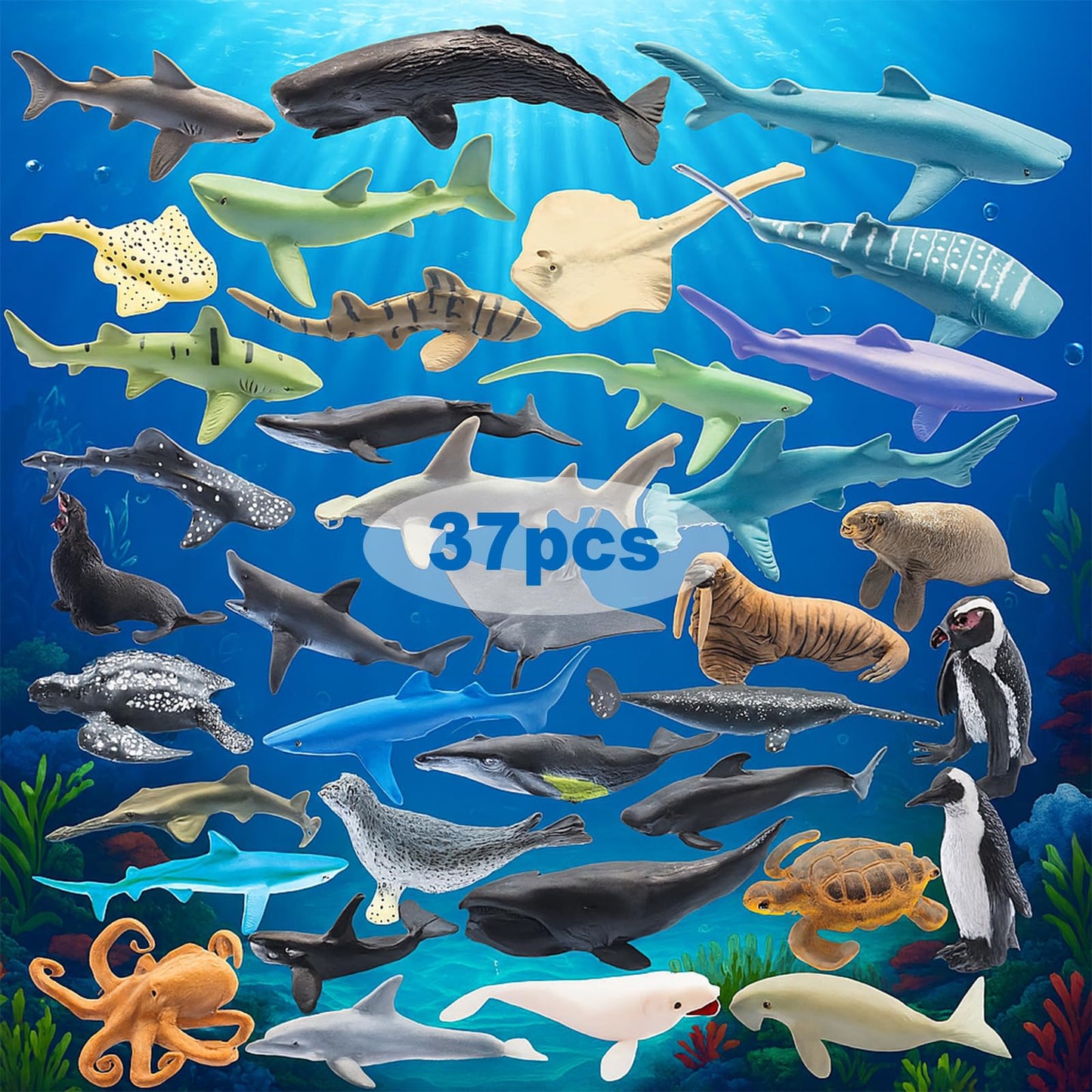 ZECHOCHOZE 37pcs Mini Ocean Animal Figurines Toys, Include Animals Like Realistic Sharks, Whales, Octopus, Turtles, Penguin, Suitable for Children's Parties, Cake Toppers, School Projects