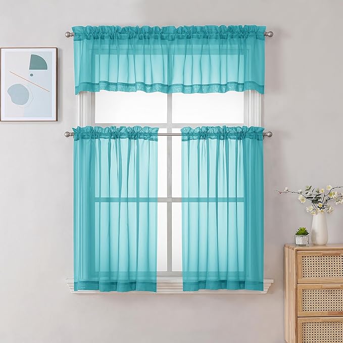 Chyhomenyc Sheer Turquoise Tier Curtains 24 Inch Length, Small Window Curtains Treatment for Bathroom Living Room Basement, Short Rod Pocket Cafe Curtain, 42W x 24L Inches, 2 Panels