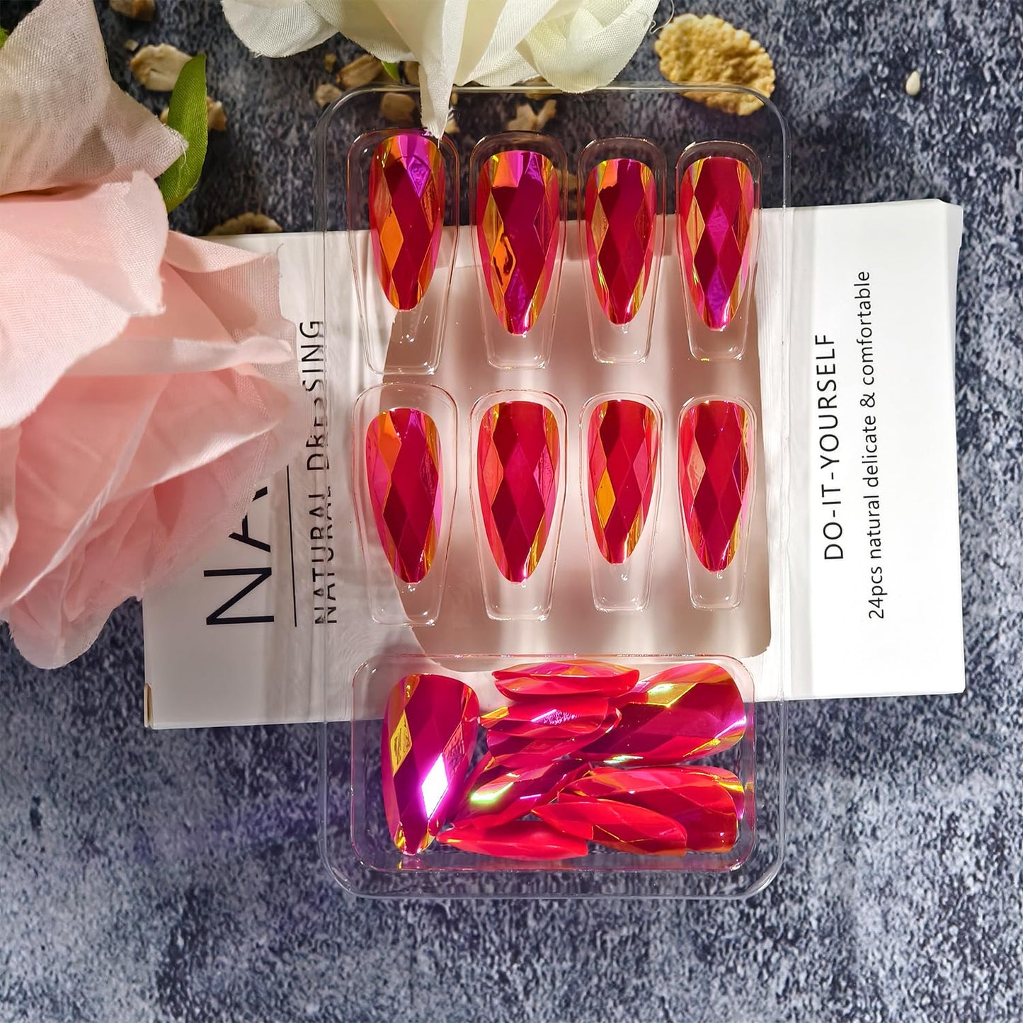 CJDLTS Pink Press on Nails Medium Length Artificial Acrylic Gradient Rainbow 3D Diamond-Shaped Electroplating Fingernails Almond Full Cover Glossy Stick on Nail False Nails for Women Manicure 24Pcs