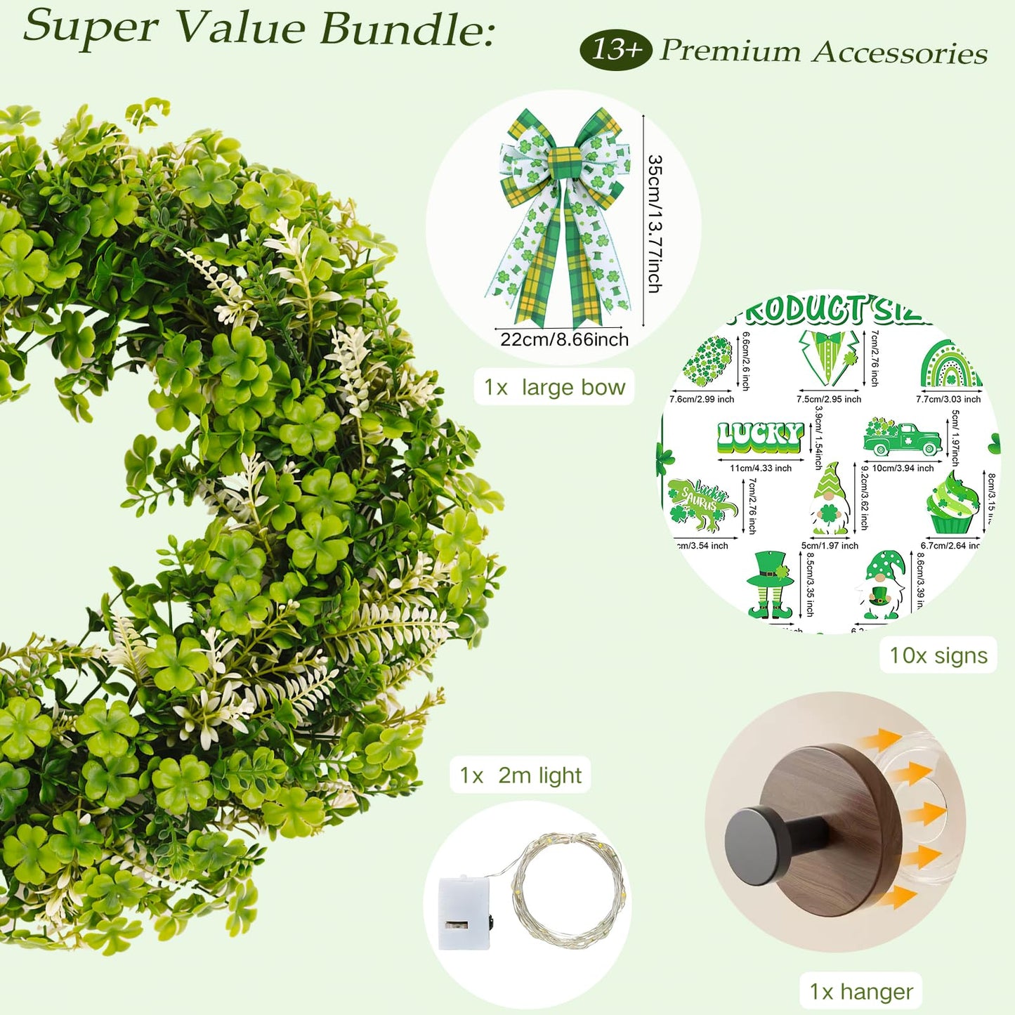 Erizhaltic 20" Artificial Green Leaf Wreath with 10 Detachable Seasonal Signs & Lights - Lush Boxwood Spring Wreath for Front Door, Includes Hanger & Bow - All-in-One DIY Floral Kit Home Decor