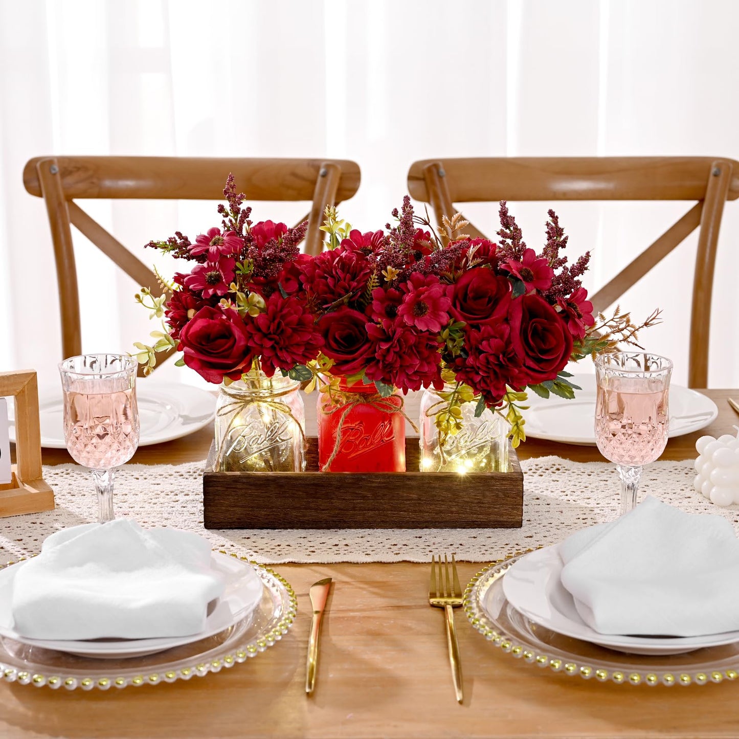 BLEUM CADE Centerpiece Table Decorations - Mason Jar Lights Centerpiece for Kitchen Dining Table Farmhouse Coffee Table Wedding Home Decor with 3 Jars Artificial Flowers & Wood Tray