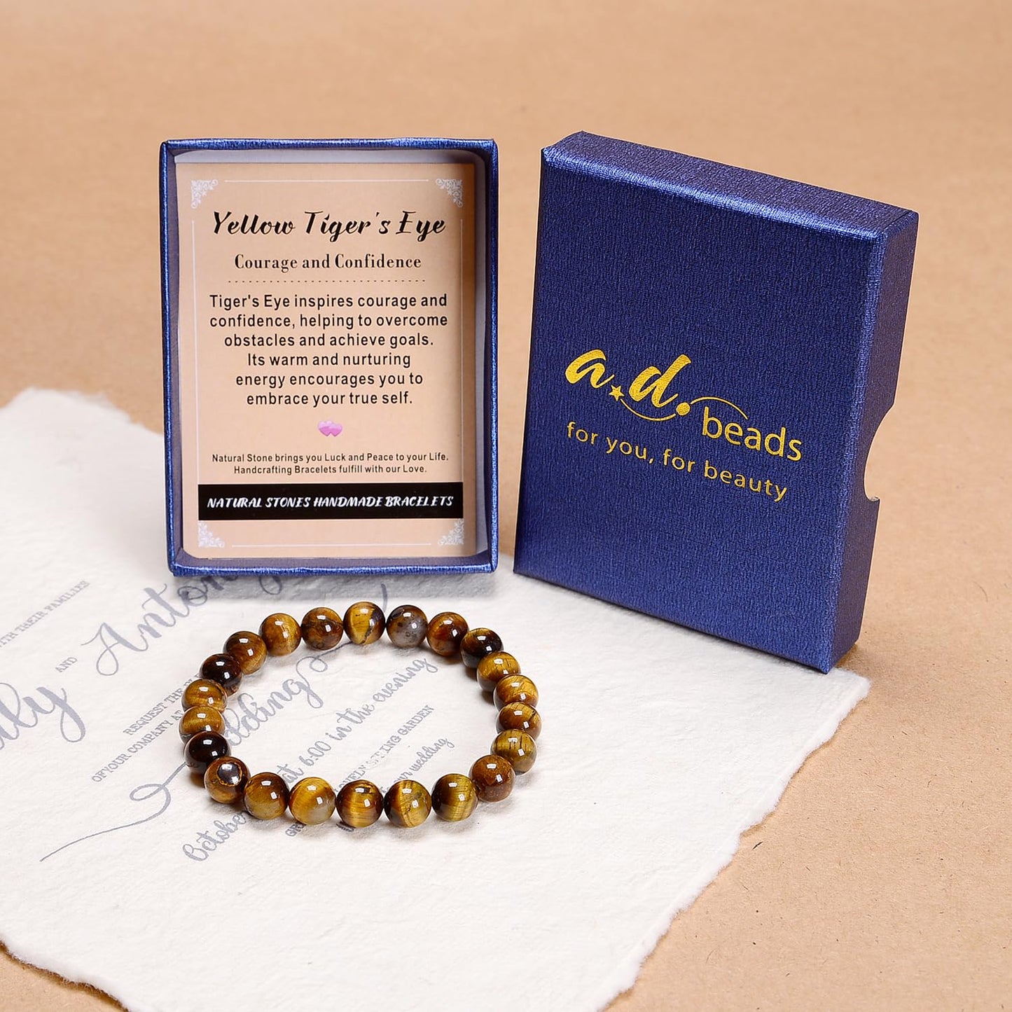 AD Beads Handmade Gemstone Stretch Elastic Bracelet Crystal Healing Reiki Nature's Beauty and Spiritual Essence Unisex (8mm, Yellow Tiger's Eye)