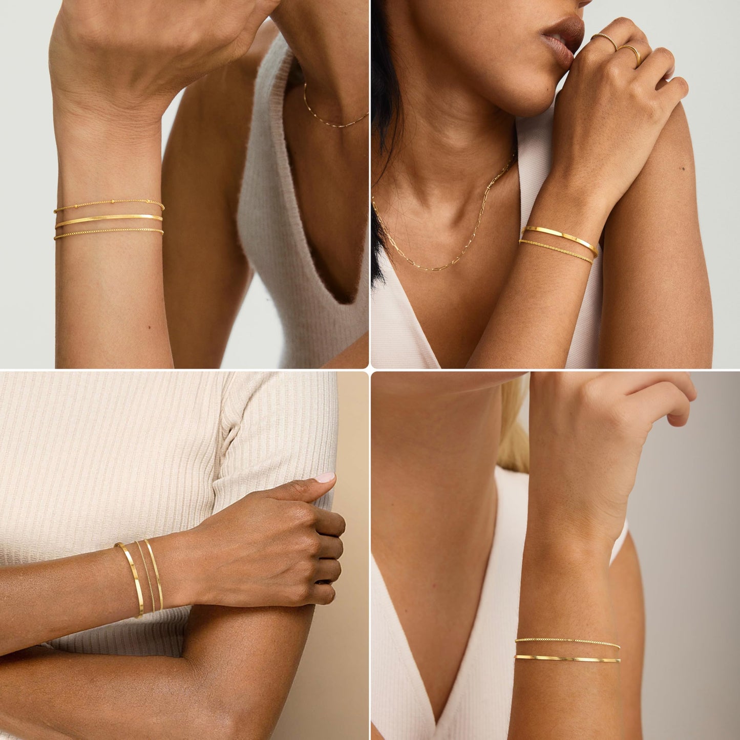Dainty Gold Bracelets for Women, Minimalist 14K Gold Plated Stackable Thin Bracelet Set Box Link, Paperclip, Herringbone, Sparkling Chain, Bangle Cuff, Adjustable Simple Small Waterproof Jewelry Gifts for Women