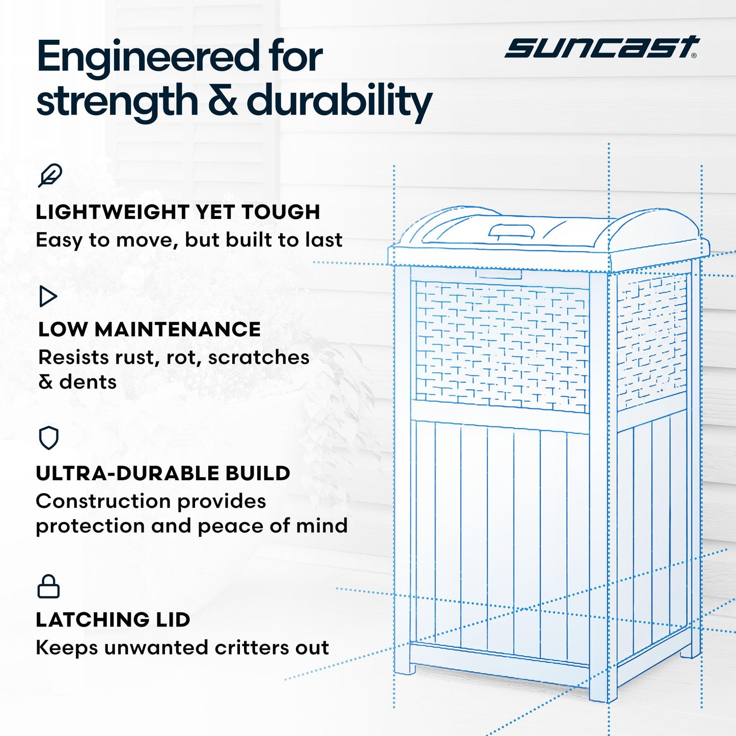 Suncast 33 Gallon Commercial Outdoor Trashcan Hideaway with Lid for 30 to 33 Gallon Trash Bags for Garage, Backyard, or Garden, Brown