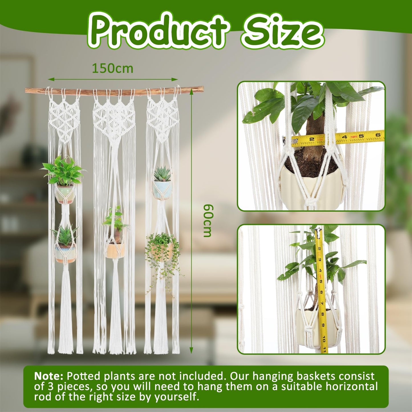 Thyle Macrame Plant Hanger Indoor Woven Boho Rope Decorative Flower Pot Hanging Holder Bohemian Plants Floating Shelves Decor Organizer for Bathroom Bedroom Wall Display Spring Gift (Excluding Pole)