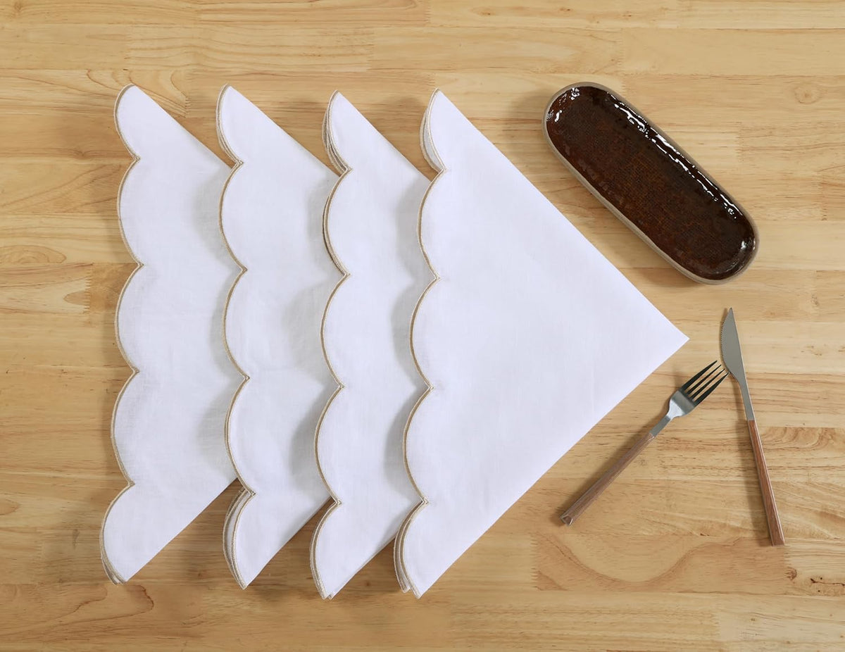 100% French Flax Linen Cloth Napkins Scalloped Embroidery 20’’x20’’ for Dinners, Parties, Weddings, Decorative Halloween, Spring, Easter, Set of 4 Pcs,White(Edges-Gold)
