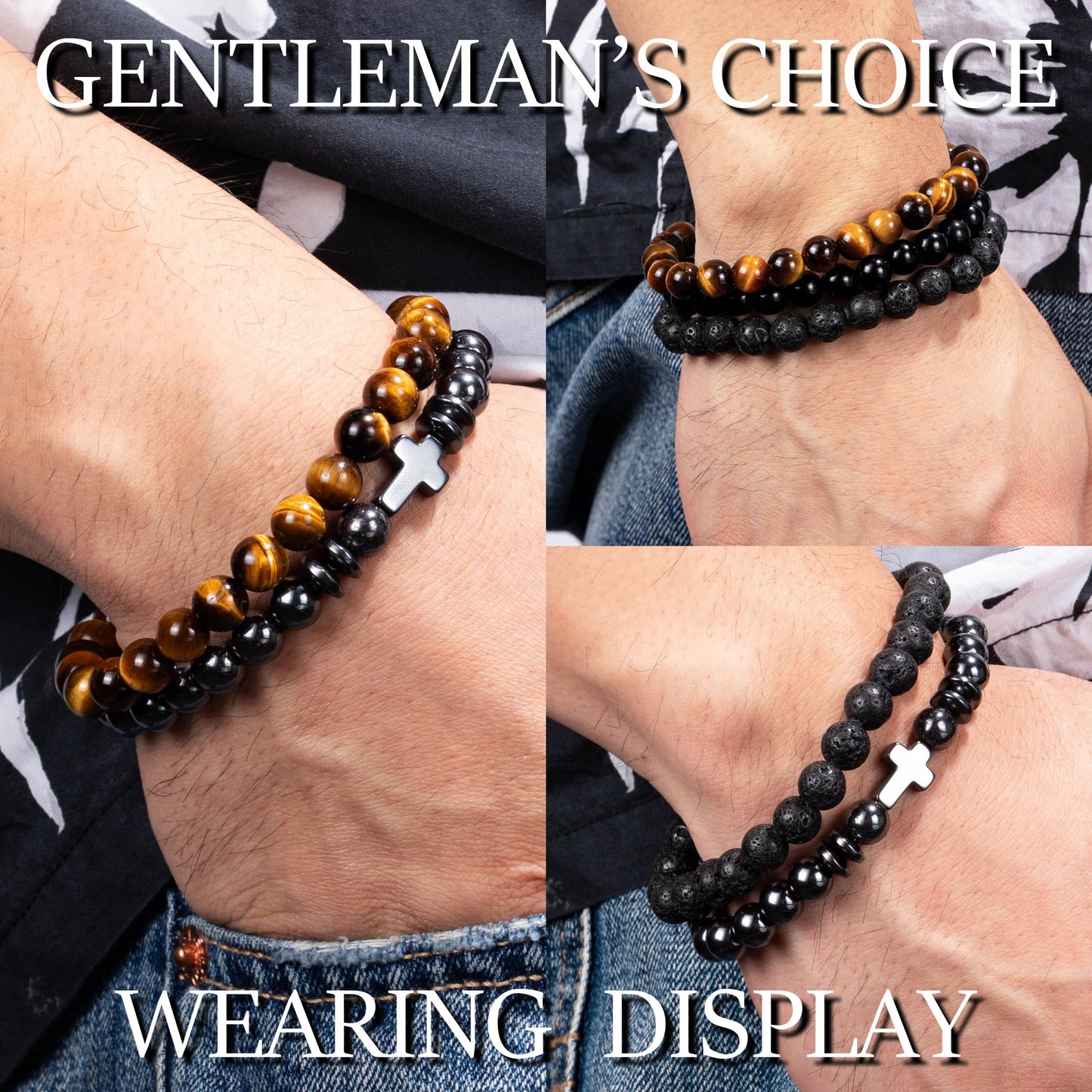 Crystery Men Beaded Bracelets, 8mm Natural Stone Bracelet, Healing Crystal, Jewelry Gifts for men, Triple Protection, Hematite, Tiger Eye, Black Obsidian Beads Bracelets, Lava Rock, Pack of 4