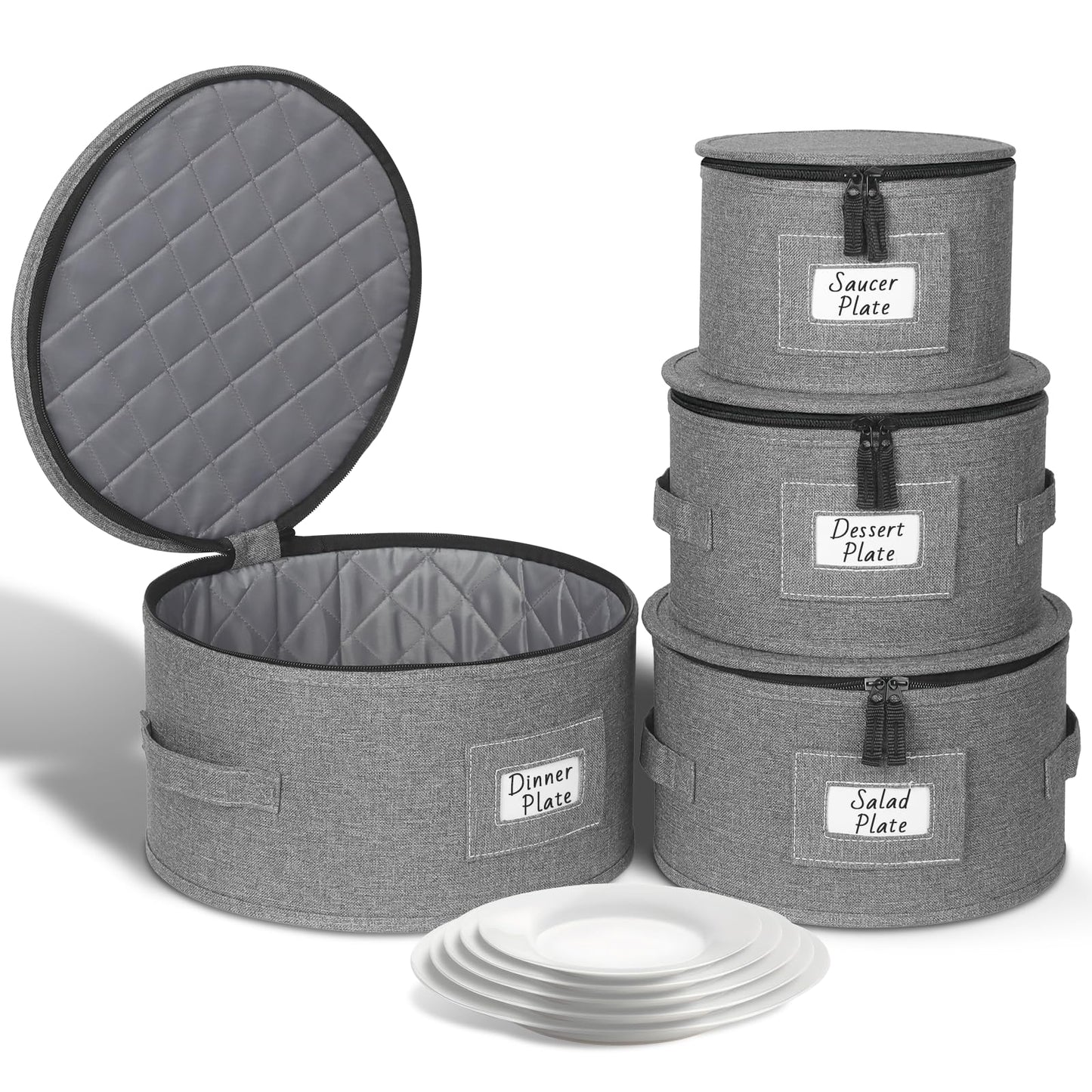 Kukikan China Storage Containers, 4 Pack Hard Shell Moving Boxes, Dish Storage Containers with Felt Dividers for Charger Plates Dinnerware, Stackable Cases for 12 Place Setting Up to 11.4" Dia.