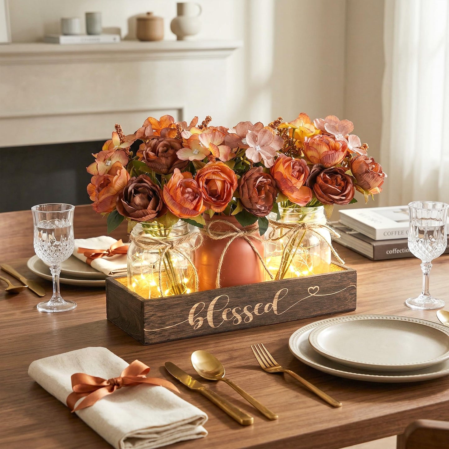 Fancyplus 3 Pcs Mason Jar Centerpiece with Wood Tray & LED Light, Farmhouse Table Decor for Dining Room Kitchen Living Bathroom, Orange