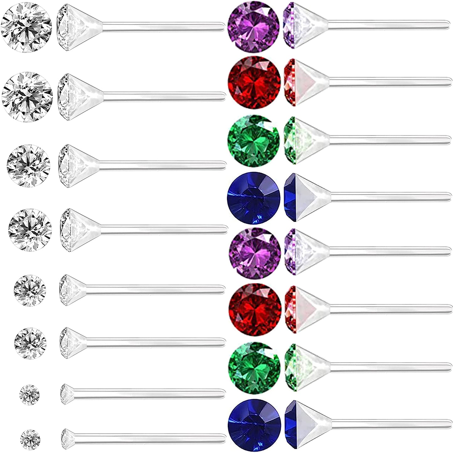 OwlkOrmy 8 Pairs Anti Allergy Plastic Earrings for Sensitive Ears & Include 8 Pairs Silicone Soft earring backs, Birthstone Cubic Zirconia Stud Earrings Kit 2mm 3mm 4mm 5mm in one Set (5-in-1 color)