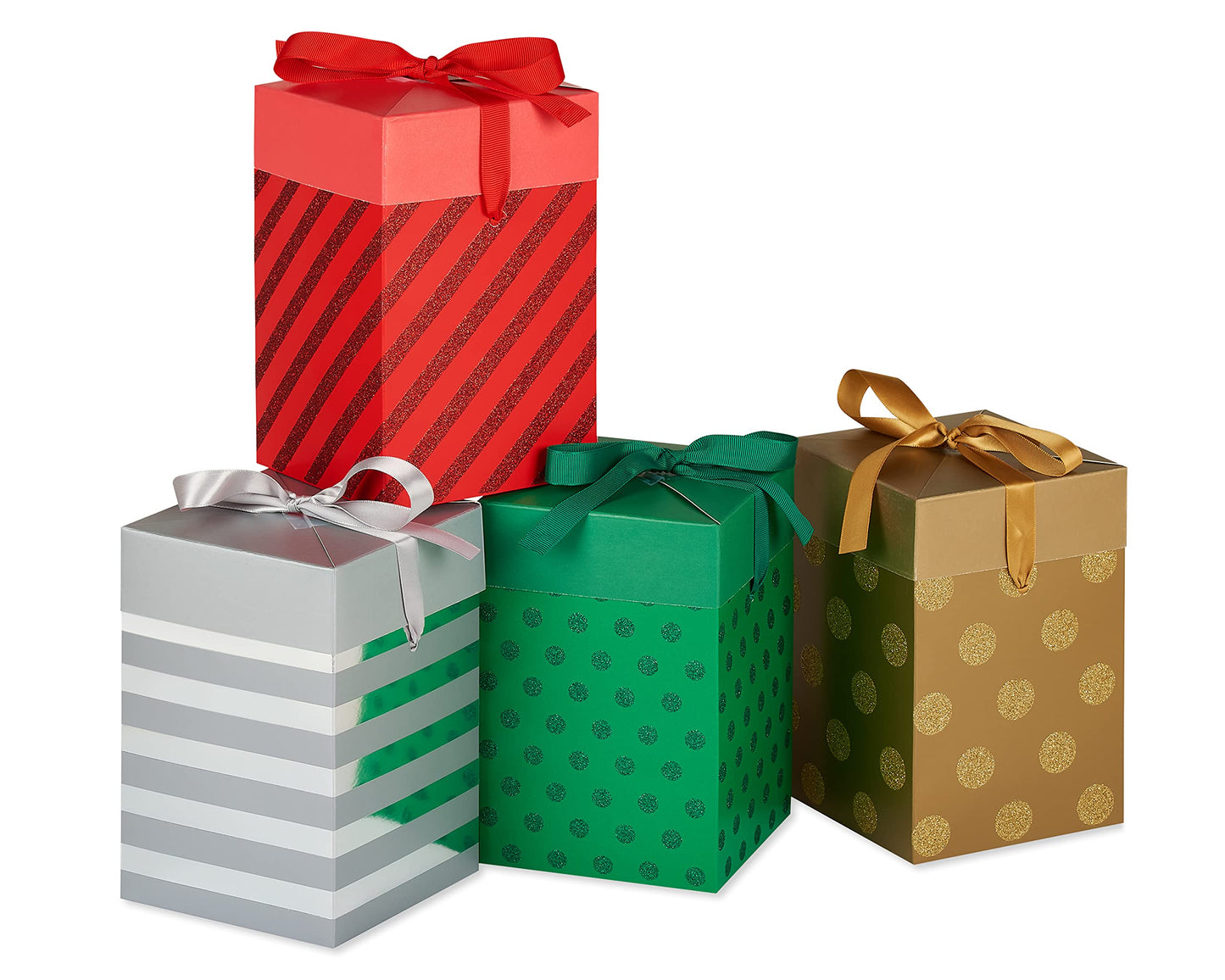 American Greetings Push Down Gift Boxes, Red, Green, Silver and Gold (4 Boxes)
