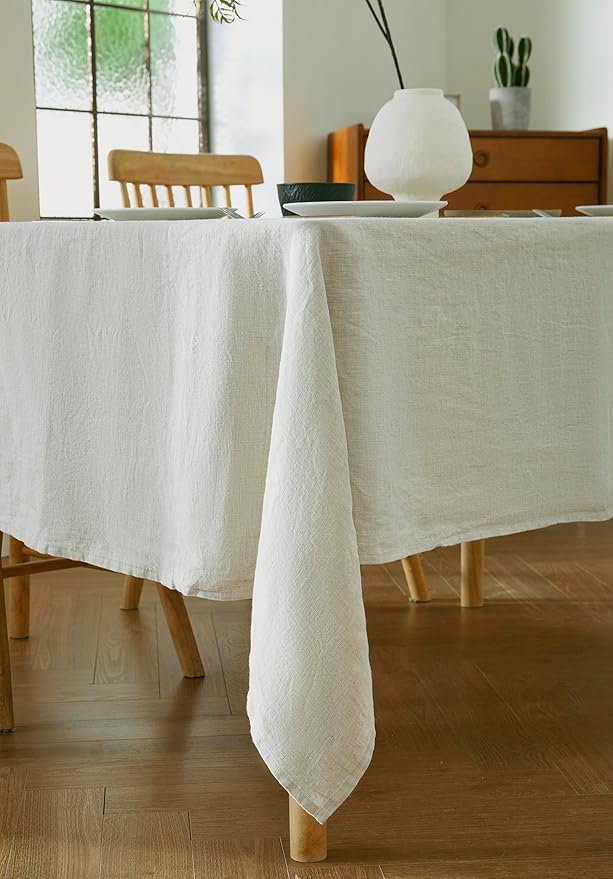 100% French Flax Linen Tablecloths Rectangle 132Lx60W Inch for Dinners, Parties, Easter, Halloween, Camping, Stone Washed, Textured, Machine Washable, 12-14 Sets (60''x132'', Natural Linen)
