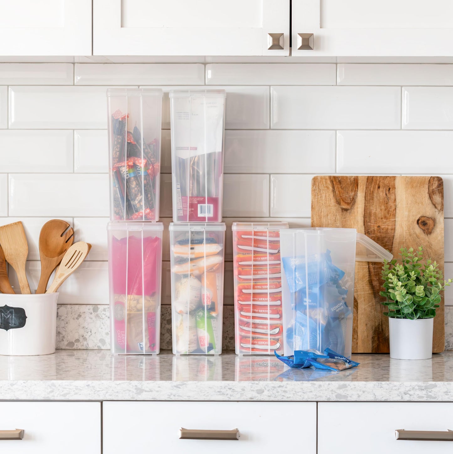 IRIS USA Vertical Plastic Flip Top Storage Containers Bins with Lids for Pantry, Home, Office, Organization, Large, Stackable Hinged Organizer with Latches, Clear, 6 Pack