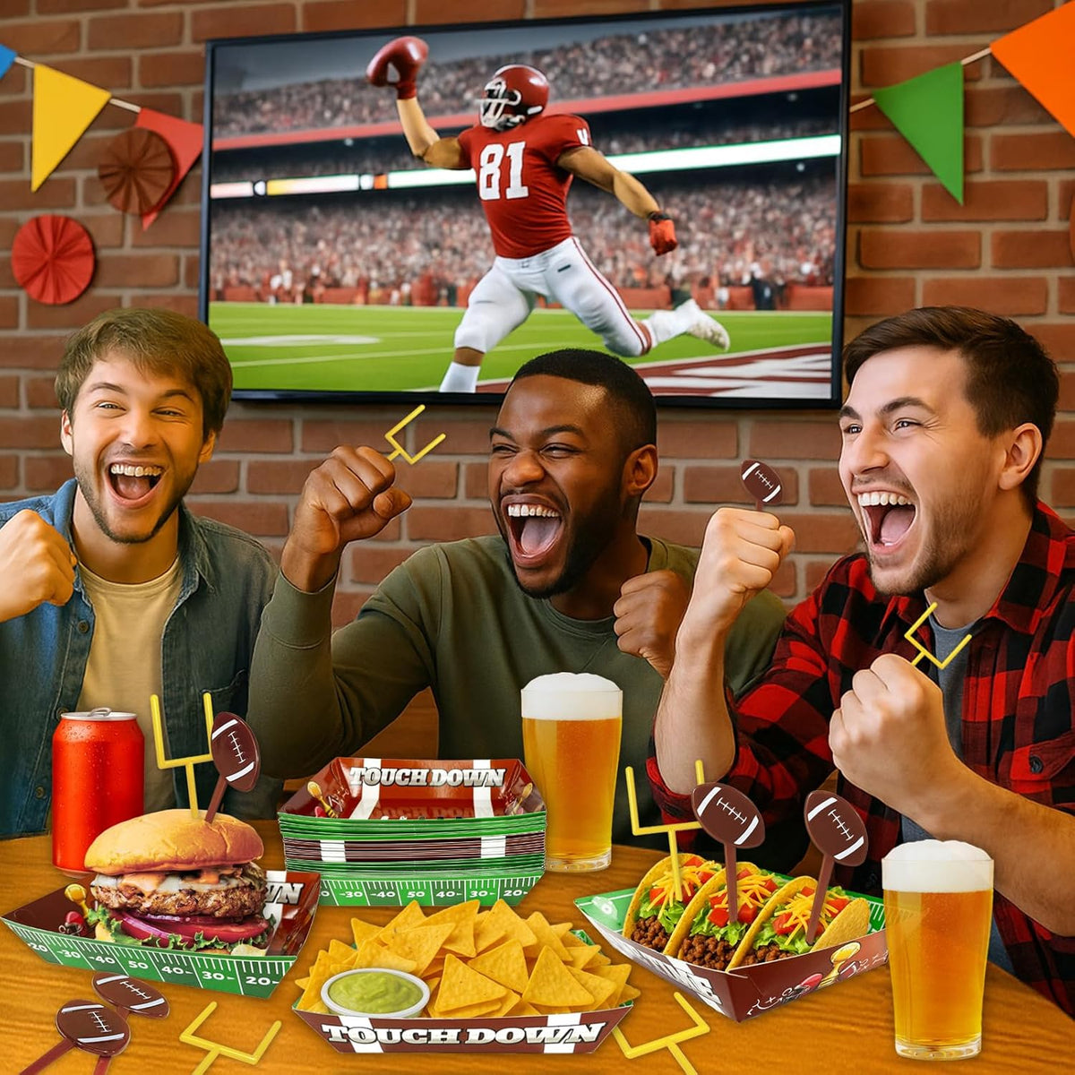 50-Piece Football Party Food Tray Box Kit - 30 Oil-Resistant Paper Snack Trays & 20 Goalpost and Football Picks for Nachos, Popcorn, Chips at Super Bowl, Tailgate, College Games, Sports Birthdays
