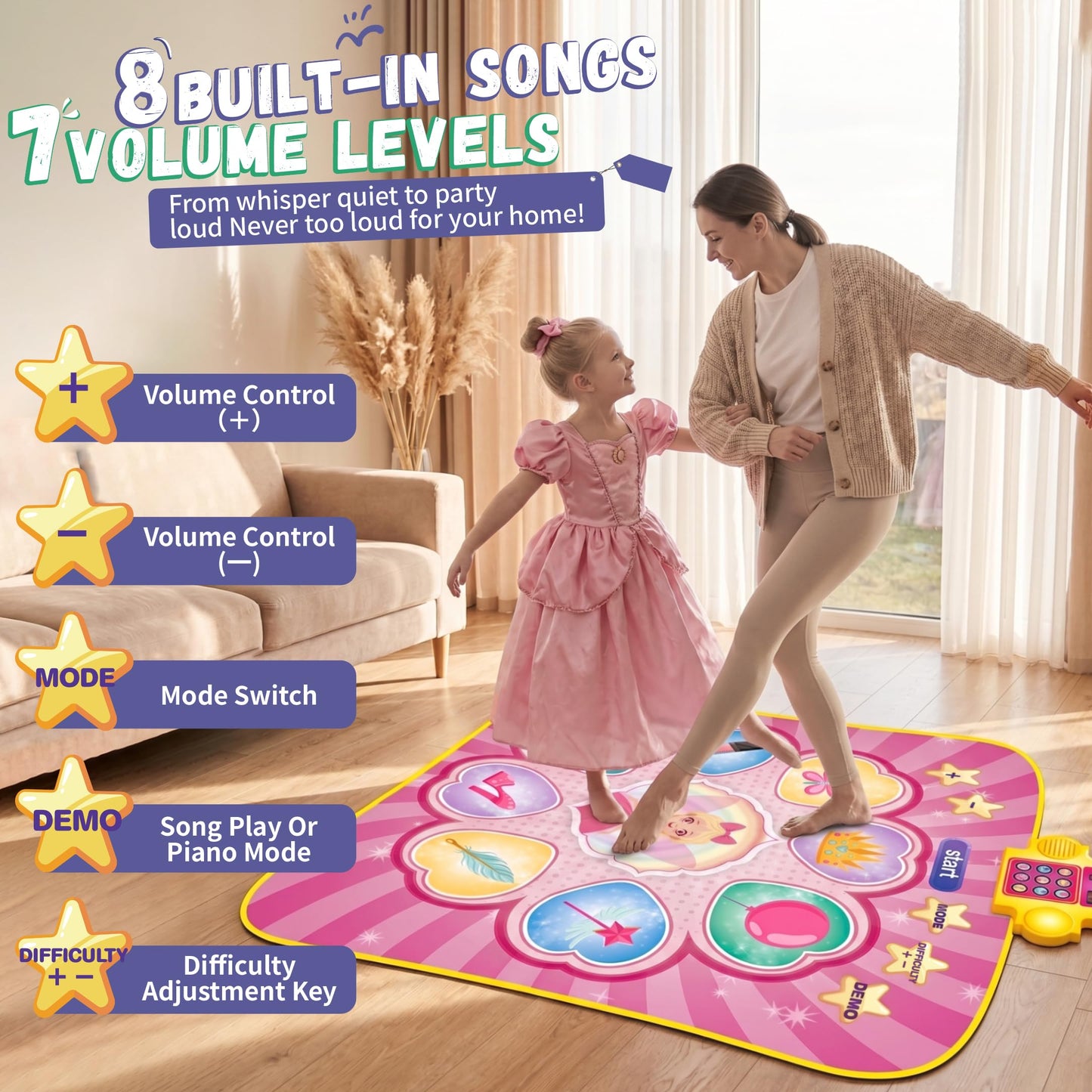 YESHIN Dance Mat, Rhythm Step Play Mat with LED Lights, Oversized Sensitive Buttons, 8 Songs & 7 Volume Levels, 3 Modes, Dance Game Toy Pad, for Kids Girls 3-12 (Pink)