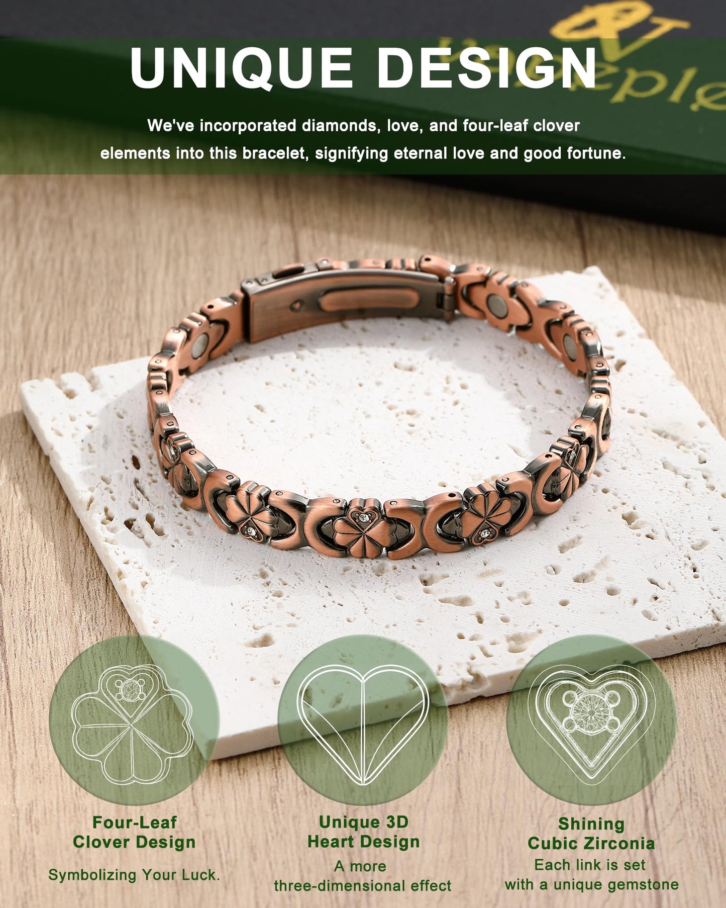 vapeples Copper Bracelets for Women, 3800 Gauss, 99% Pure Copper Magnetic Bracelet, Adjustable Sizing, Women's Bracelets with 3D Design, Gift Box Packaging