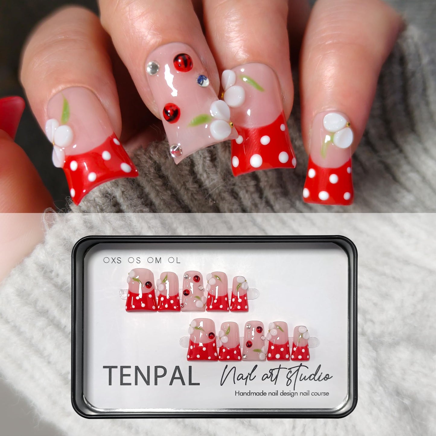 Duckbill Press on Nails - Red French with White Polka Dots & Glass Beads | Glossy Handmade False Nails | Kawaii Cherry Style for Spring(L)